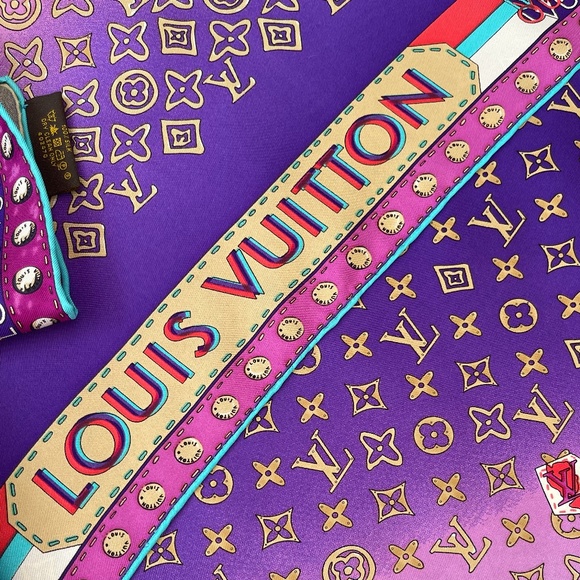 New Louis Vuitton Scarf Monogram Map Square Purple Multicolor Silk Wrap - Picture 10 of 15